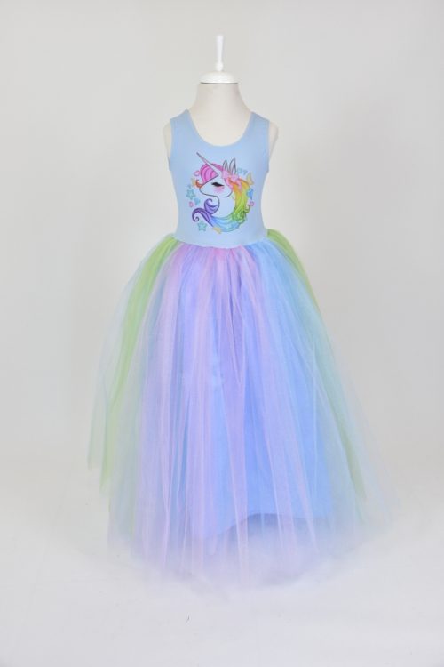 UNİCORN UZUN MAVİ KIZ ÇOCUK ELBİSE-UNC006A